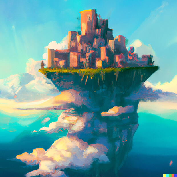 a city on an island floating in the sky with clouds in the background, digital art - version 2